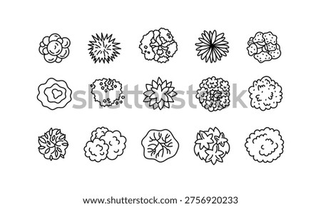 Collection of minimalist tree top view icons in black and white. Ideal for landscape planning and architecture. Includes diverse shapes and styles.
