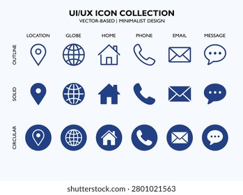 A collection of minimalist UI UX icons including location, globe, home, phone, email, and message symbols in outline, solid, and circular design variations.