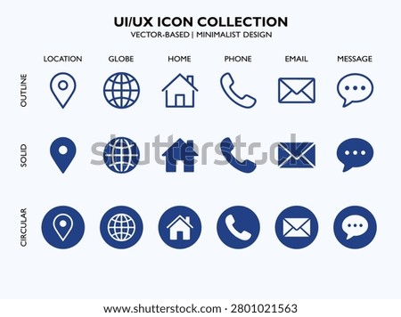 A collection of minimalist UI UX icons including location, globe, home, phone, email, and message symbols in outline, solid, and circular design variations.