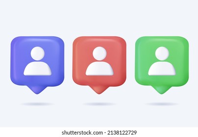 Collection minimalist user member new friend request 3d icon quick tips realistic vector illustration. Set personal account identification cyberspace profile internet notification speech bubble.