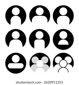 A collection of minimalist user profile icons in vector format, featuring various styles such as flat, outline, and filled silhouettes. These avatar icons are ideal for use in UI or UX design, etc.