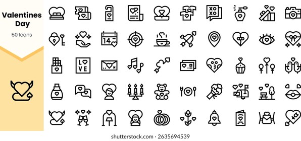 A collection of minimalist Valentine's Day icons featuring hearts, gifts, and romantic symbols, ideal for enhancing designs and celebrations for love-themed events.