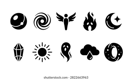 Collection of minimalist vector icons featuring astronomical and mystical elements such as vortexes winged figures ghost silhouettes and sun rays. These clean black graphics on white background are perfect for modern branding occult designs or simple user interface applications in digital projects.