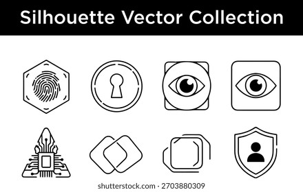 Una colección de iconos vectoriales minimalistas que representan conceptos de seguridad, privacidad y tecnología.