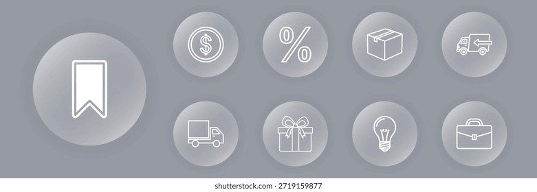 Una colección de iconos vectoriales minimalistas que representan varios aspectos del comercio electrónico, el envío