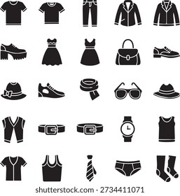 Una colección de iconos vectoriales minimalistas que representan prendas de vestir y accesorios, ideales para el comercio minorista de moda y la marca.