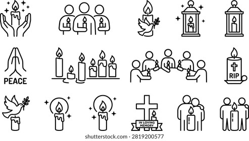 Collection of minimalist vector line icons depicting candles doves praying hands and memorial symbols for solemn occasions suitable for commemorative design projects.