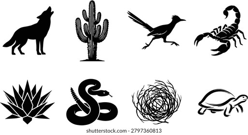 A collection of minimalist vector silhouettes featuring desert animals and plants, including a howling wolf, saguaro cactus, roadrunner, scorpion, agave plant, rattlesnake, tumbleweed, and desert tortoise. Perfect for nature-themed branding, southwest decorations, regional logos, and educational illustrations.