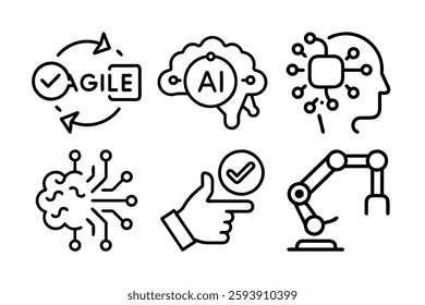A collection of minimalist, vector-based icons representing key business management concepts like leadership, strategy, finance, teamwork, and productivity, designed for presentations