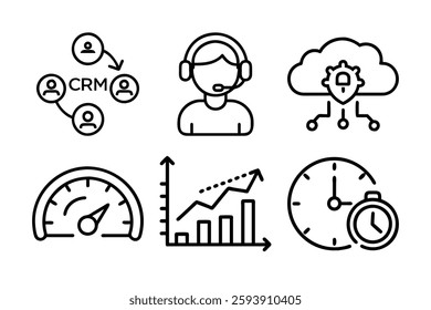 A collection of minimalist, vector-based icons representing key business management concepts like leadership, strategy, finance, teamwork, and productivity, designed for presentations
