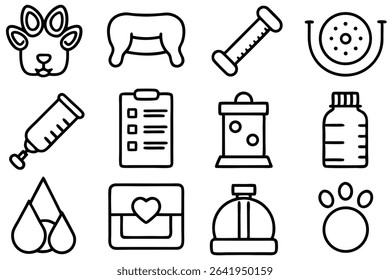 Collection of minimalist veterinary and pet care icons depicting paw prints pet health equipment and medicine bottles.
