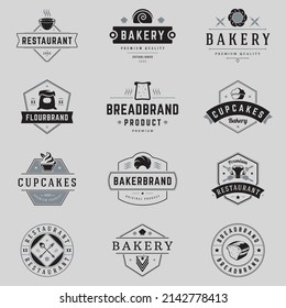 Collection minimalist vintage cafe restaurant food menu line logo vector illustration. Set retro emblem bakery, flour brand, cupcake, bread with place for text. Gourmet culinary insignia template