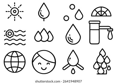 Collection of minimalist water elements and icons depicting nature and environmental concepts for various designs