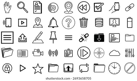 Collection of Minimalist Web and App Icons Representing Various Functions and Tools in Black and White Style