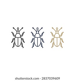 A collection of minimalist weevil beetle insect illustrations featuring thin line art style in black and gold outlines on a plain white background