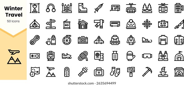 A collection of minimalist winter travel icons showcasing various elements like snow, skiing, and transportation, perfect for travel-themed designs.
