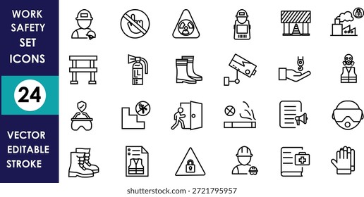 Una colección de iconos vectoriales de seguridad laboral minimalistas que muestran cascos, guantes, botas, señales de advertencia, CCTV, extintor de incendios, primeros auxilios, fábrica y símbolos de equipos de protección