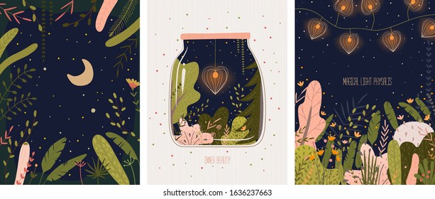 Collection of minimalistic abstract nature, plants and flowers. night and magic. Vector graphics