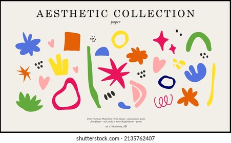 Collection of minimalistic aesthetic doodles and abstract bright elements on isolated background. Large collection of elements, unusual shapes in matisse art style hand-drawn