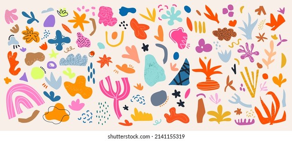 Collection of minimalistic aesthetic doodles and abstract bright elements on isolated background. Large collection of elements, unusual shapes in matisse art style hand-drawn
