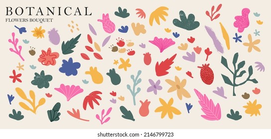 Collection of minimalistic aesthetic doodles and abstract bright elements on isolated background. Large collection of elements, unusual shapes in matisse art style hand-drawn