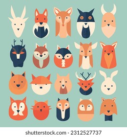 Collection of minimalistic animal illustrations in a flat vector style. Represent animals like a fox, owl, deer, and turtle