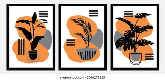 Collection of minimalistic art. Simple posters with organic plants, contrasting spots and frames. Pictures for decorating room and printing. Cartoon flat vector collection isolated on light background