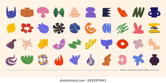 Collection of minimalistic bizarre abstract geometric shapes and forms with different textures in contemporary style, Hand drawn colorful primitive, Vector doodle objects and graphic elements, set 3