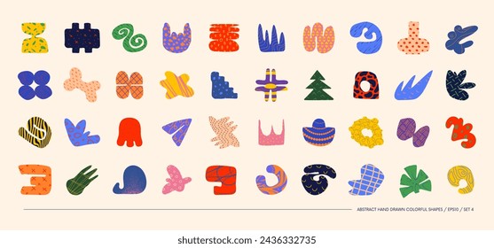 Collection of minimalistic bizarre abstract geometric shapes and forms with different textures in contemporary style, Hand drawn colorful primitive, Vector doodle objects and graphic elements, set 4