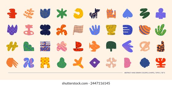 Collection of minimalistic bizarre abstract geometric shapes and forms with different textures in contemporary style, Hand drawn colorful primitive, Vector doodle objects and graphic elements, set 5