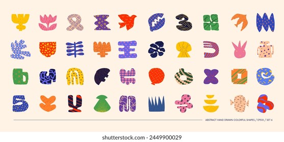 Collection of minimalistic bizarre abstract geometric shapes and forms with different textures in contemporary style, Hand drawn colorful primitive, Vector doodle objects and graphic elements, set 6