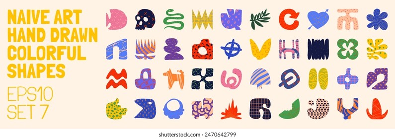 Collection of minimalistic bizarre abstract geometric shapes and forms with different textures in contemporary style, Hand drawn colorful primitive, Vector doodle objects and graphic elements, set 7