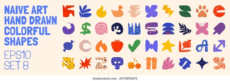 Collection of minimalistic bizarre abstract geometric shapes and forms with different textures in contemporary style, Hand drawn colorful primitive, Vector doodle objects and graphic elements, set 8