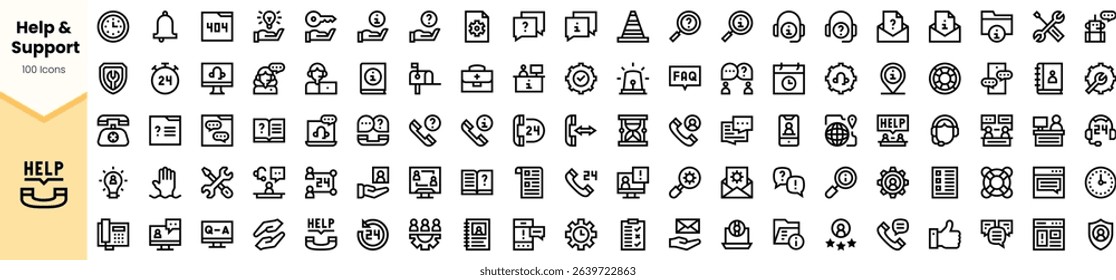 A collection of minimalistic black icons representing help and support, featuring various themes like communication, assistance, and reminders.