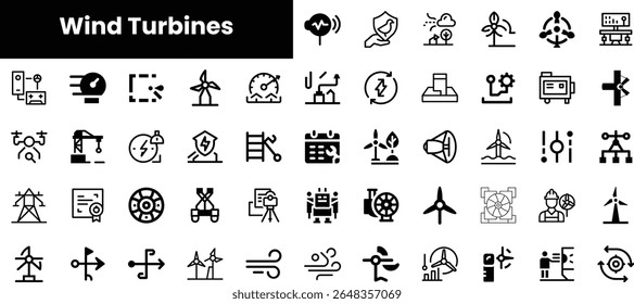 A collection of minimalistic black icons representing wind turbines and related concepts, showcasing innovation and sustainability in renewable energy.