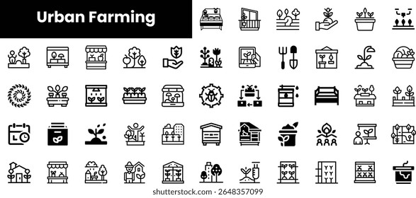 A collection of minimalistic black icons representing urban farming, showcasing various activities and elements like plants, gardening tools, and community gardens.