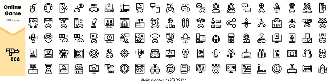 A collection of minimalistic black and white icons representing various aspects of online gaming, including controllers, avatars, and trophies, ideal for digital designs.