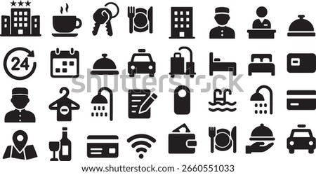 Collection of minimalistic black and white vector icons representing hotel, hospitality, and travel services.