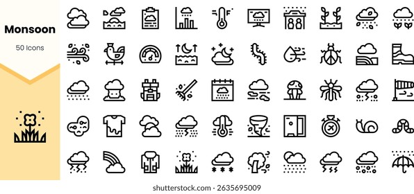 A collection of minimalistic black-and-white icons representing monsoon themes, including rain, clouds, plants, and weather instruments.