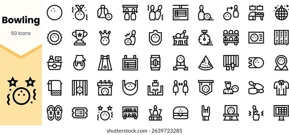 A collection of minimalistic bowling icons, showcasing various elements like trophies, pins, and balls in a stylish monochrome design.