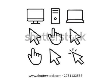 A collection of minimalistic computer icons including monitors, cursors, and input devices.