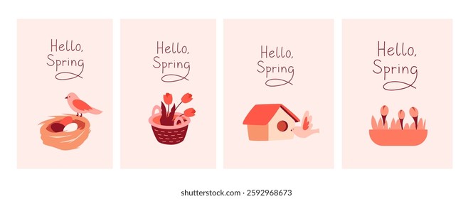 A collection of minimalistic and cute spring cards. A nest with a bird, tulips in a basket, a bird house, flower sprouts.