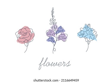 Eine Sammlung von minimalistischen Blumenmustern, die mit einer einzigen Linie gezeichnet wurden. Stilvolle, elegante Logos in Umrissen, mit einem farbigen Fleck. Blumen aus einem Strauß, Rose, Delphinium, Hydrangea.