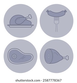 Collection of minimalistic food icons of different types of meats. Chicken, sausage, steak, and ham. Ideal for culinary designs and menus