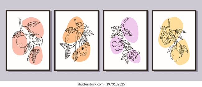 Collection of minimalistic fruit posters. Branch with peaches. Branch with pears. Branch with cherries. Branch with lemons. Vector illustration with bright accents.