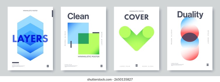 Collection of minimalistic geometric posters with gradient shapes and clean typography. Modern abstract design in vibrant colors. Ideal for branding, banner, contemporary wall art.