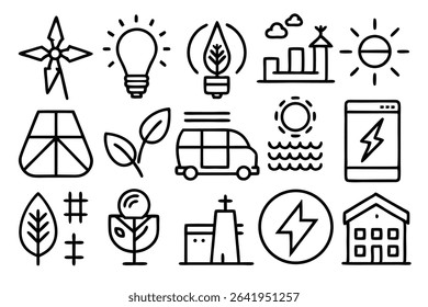 Collection of minimalistic hand-drawn line art illustrations representing green energy sustainable development and ecological concepts