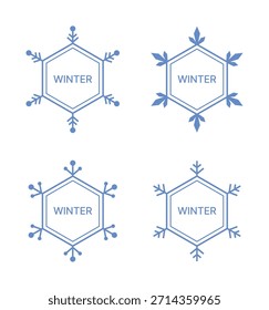Una colección de diseños de insignias de Vector hexagonales minimalistas rodeados de bordes de copos de nieve. Ideal para eventos de temporada, promociones y logotipos de invierno, íconos, Anuncios o Elementos decorativos.