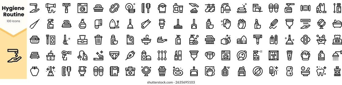 A collection of minimalistic hygiene routine line icons, featuring items like toothbrushes, soap, shampoo, and various personal care products.