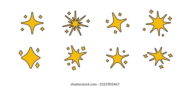 Collection of minimalistic icon of gold starts. Space minimalistic icons outline. Yellow sparkles icons.